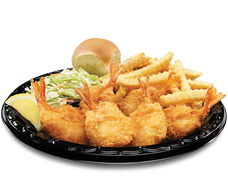 Culver’s Butterfly Jumbo Shrimp Dinner with golden shrimp, two sides, cocktail sauce, and a warm roll on a plate