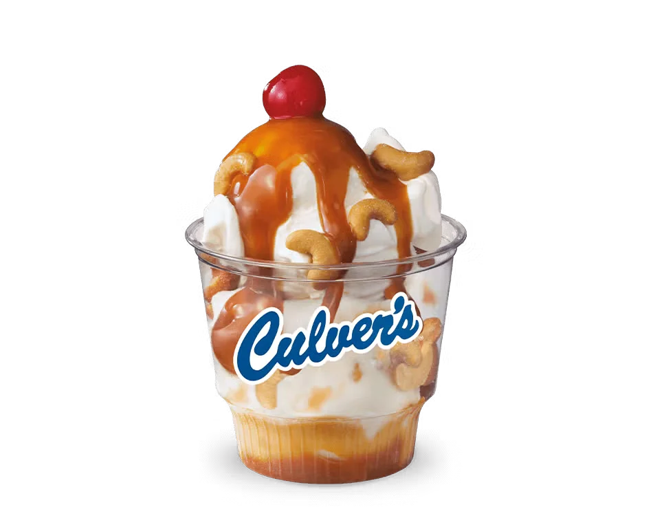 Culver’s Caramel Cashew Sundae with vanilla frozen custard, thick caramel sauce, and roasted cashew halves in a dessert cup