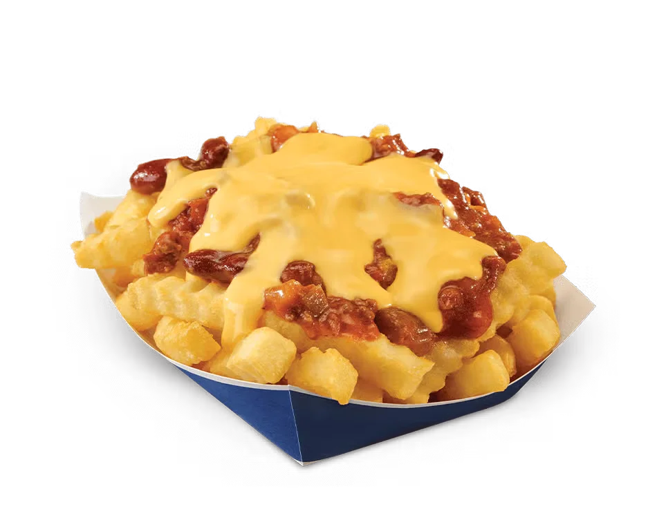 Culver’s Chili Cheddar Fries topped with hot beef chili and melted cheddar cheese on crispy golden crinkle-cut fries