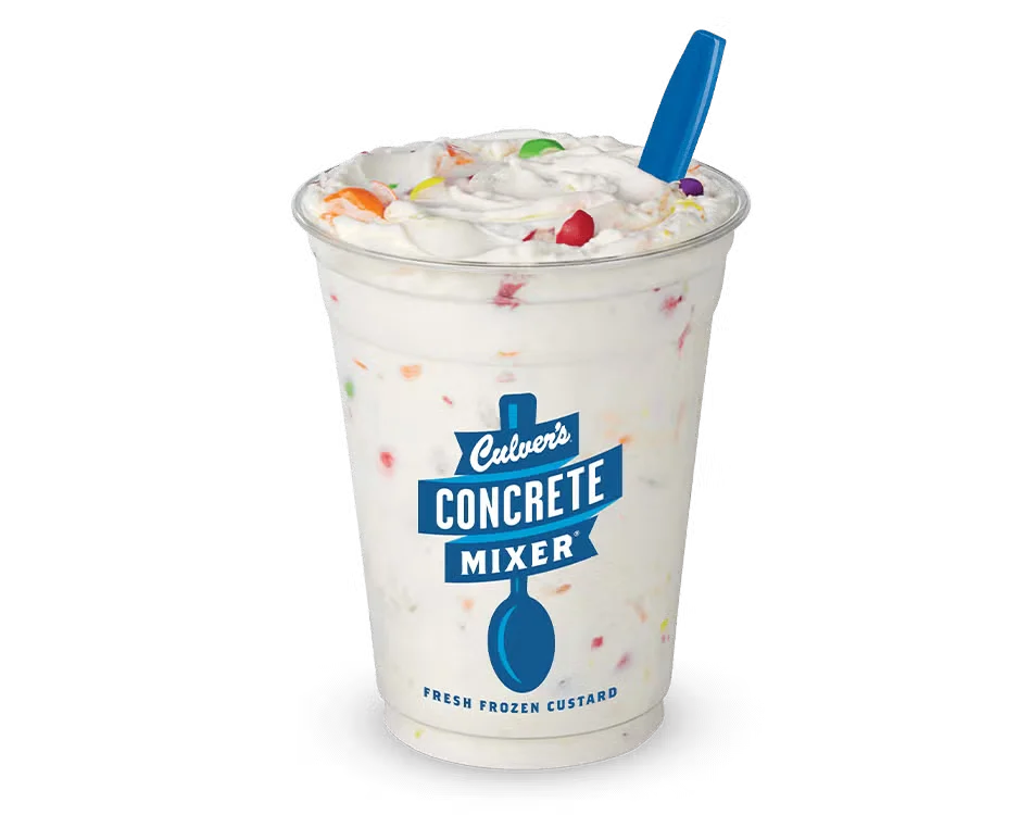 Culver’s Concrete Mixer with Skittles POP’d blended into creamy vanilla or chocolate frozen custard
