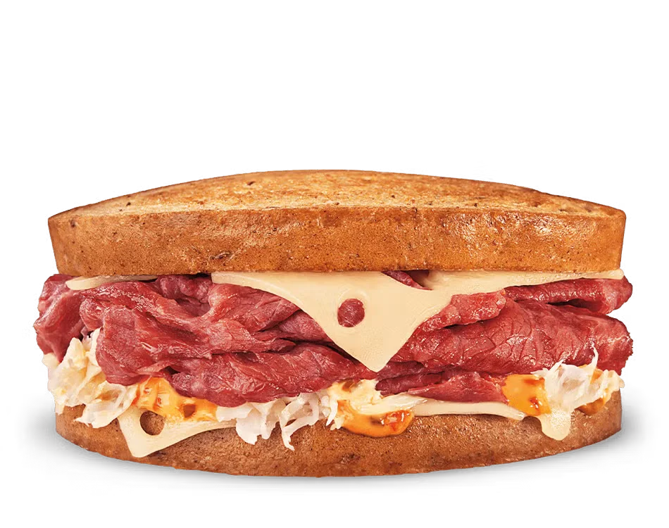 Culver’s Grilled Reuben Melt with sliced corned beef, sauerkraut, Swiss cheese, and Thousand Island dressing on grilled rye bread
