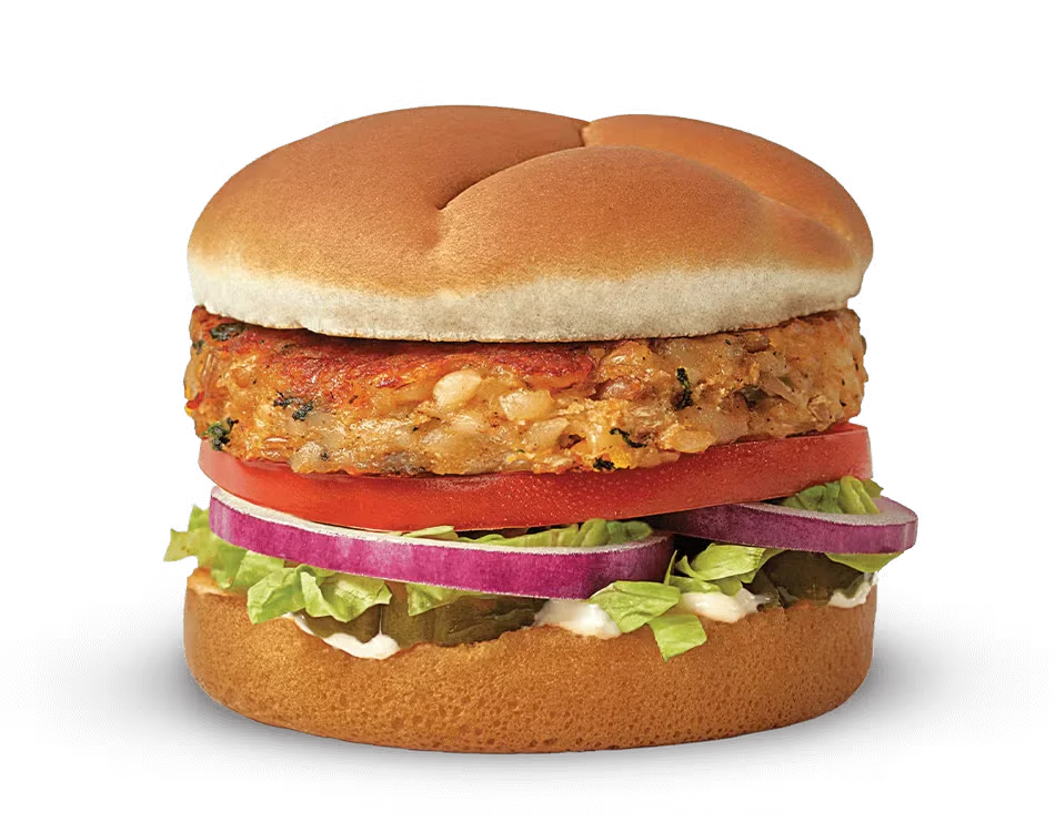 Culver’s Harvest Veggie Burger with a seasoned veggie patty, fresh lettuce, tomato, and bun
