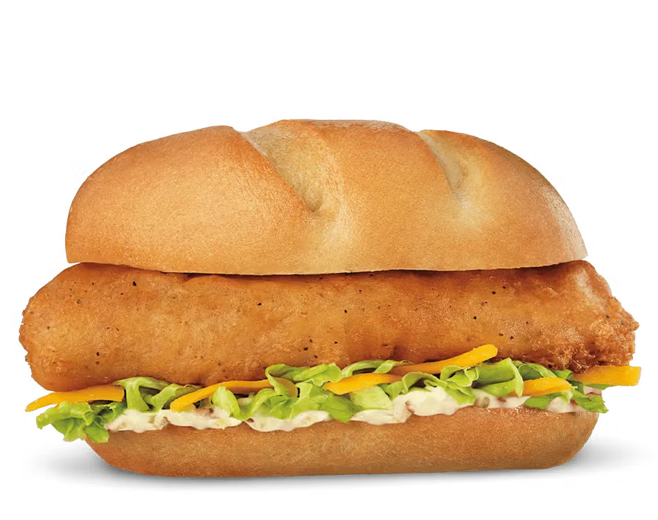 Culver’s North Atlantic Cod Sandwich with tartar sauce and lettuce on a toasted hoagie roll, golden and flaky