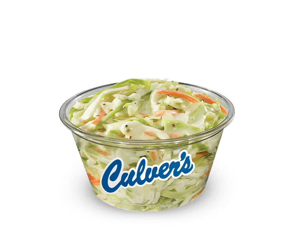Culver’s Coleslaw served cold with shredded cabbage and carrots in a creamy, tangy dressing as a classic side